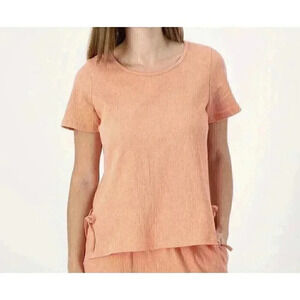 Cuddl Duds Womens Top Size S Crinkle Jersey Short Sleeve Side Ties Peach Casual